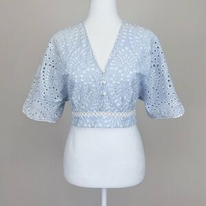 Karina Grimaldi Eyelet Lace Cropped V-neck Blouse in Blue & White Size XS